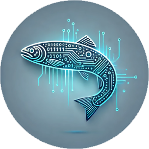 a stylized digital illustration of a fish with circuit board-like patterns on its body